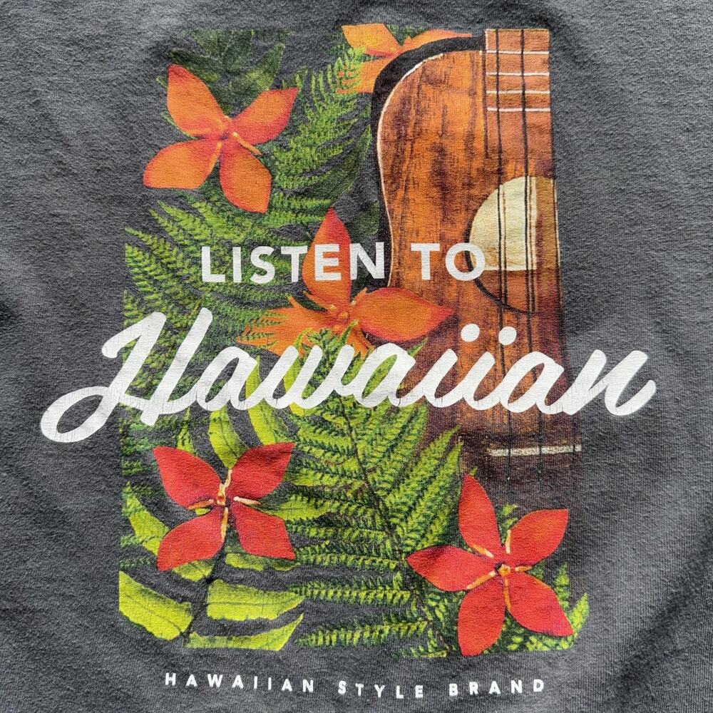 HAWAIIAN STYLE LISTEN TO HAWAIIAN T SHIRT GRAY UKULELE FLORAL MEN’S SIZE L